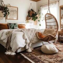 A cozy Boho Chic Bedroom complete with a woven butterfly chair and a plush crochet throw blanket, generative ai