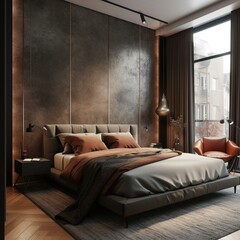 A modern and luxurious Bedroom with leather and concrete textures, emphasized by an eye-catching masonry feature wall and sleek minimalist furniture, generative ai