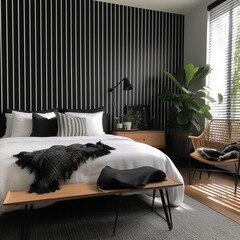 A minimalist English Bedroom with a chic black and white stripes feature wall, simple wooden furniture, and bright white tasselled bedding, generative ai