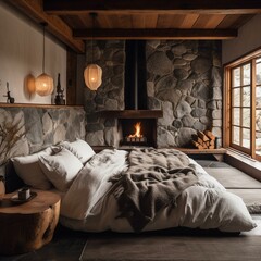 A cozy Zen style Bedroom adorned with fluffy cotton pillows and a rustic stone fireplace, generative ai