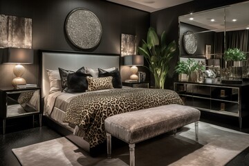 A stylish Art Deco Bedroom with reflective surfaces, high-gloss metallic accents, and textured animal prints epitomizes bold glamour, generative ai