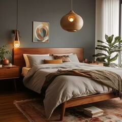 A cozy Mid-Century Modern bedroom with warm teak wood and shiny brass accents, generative ai