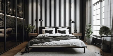 A minimalist English Bedroom with a chic black and white stripes feature wall, simple wooden furniture, and bright white tasselled bedding, generative ai