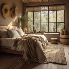 A Rustic Bedroom with Handwoven Textile Blankets and Handcrafted Ceramic Vases showcasing Natural Wood Bed and Side Tables, generative ai