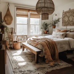 An Eclectic Farmhouse Bedroom featuring an oversized chicken wire pendant light, a bohemian burlap fringed rug, and a mix of antique and modern decor, generative ai