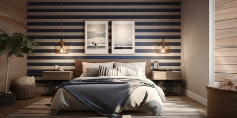 A cozy Nautical Bedroom featuring a striped accent wall and rope texture bedding with a brass anchor pendant light hanging overhead, generative ai
