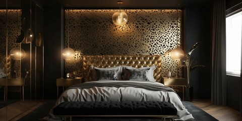 A bold Art Deco Bedroom with gilded animal print walls and metallic accents catch the light, making it a decadent retreat, generative ai