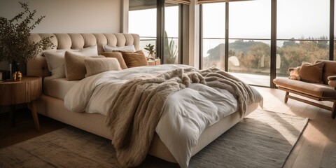 A cozy and relaxed bedroom styled with a plush throw blanket and a modern tufted bed frame, accompanied by an array of stylish throw pillows, generative ai