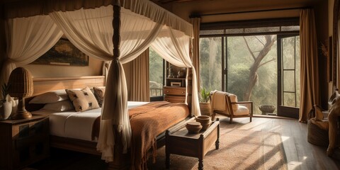 A serene Country Bedroom with a draped canopy bed and natural fiber rug, generative ai