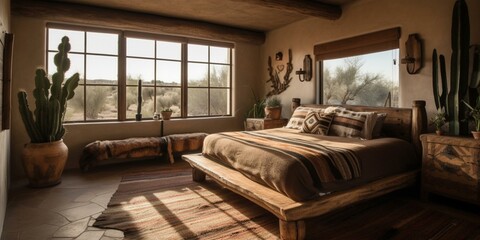 A serene Southwestern Bedroom with soft leather and natural wood textures, accented with green plants, generative ai