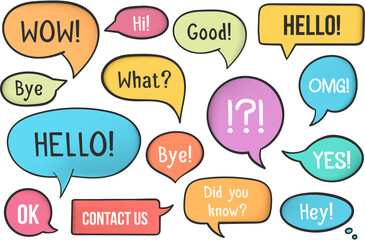 Set of colored hand drawn speech bubbles with different phrases