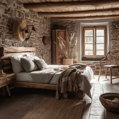 A Rustic Artisanal Bedroom, with Rough-hewn Wooden Beams, Textured Stonework, and Handwoven Baskets as Storage, generative ai