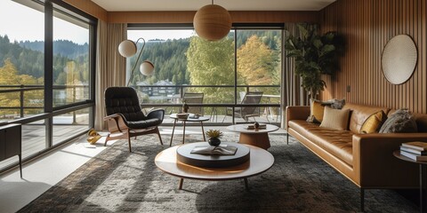 A Chic Mid-Century Modern Retreat with Geometric Patterns and Tweed Textures, generative ai