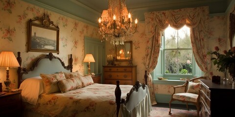 A romantic Country Bedroom with a vintage chandelier and floral patterned drapes, generative ai