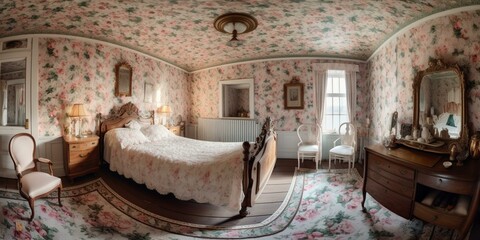 A cozy bedroom straight out of a fairy tale, with a delightful mix of floral prints and gingham textures throughout the room, generative ai