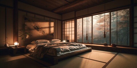 A cozy Japanese Bedroom with plush bedding and soft lighting for a peaceful retreat, generative ai