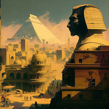 the great sphinx of giza, pyramids, egypt, fantasy, downtow, mosque, tower, cars, people, street, cairo, egypt, islamic, 80s, sadat, iran, middle east, pharaonic