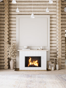 Log chalet house with fireplace and decor. 3d render illustration mockup.