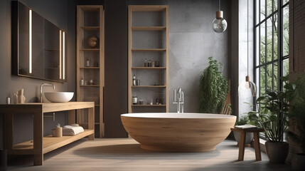 Fototapeta na wymiar Contemporary modern style bathroom interior design with luxury bathtub