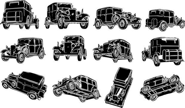 Old retro car 3d model illustration rendered from every angle, Old vintage car silhouette set from every side, Classic Car Renderings: 3D Models and Silhouettes in Full Detail