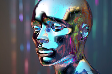 Abstract 3D render illustration of holographic human face in the wall
