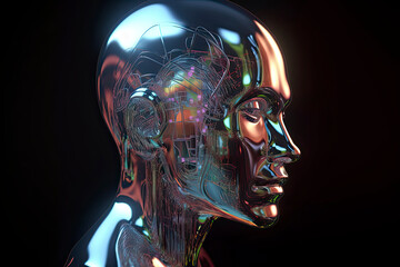 Obraz premium Abstract 3D render illustration of holographic human face in the wall
