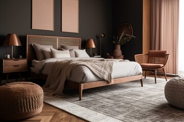 A Sophisticated Mid-Century Modern Bedroom with Geometric Patterns and Tweed Textures, generative ai