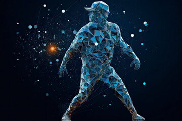 Fototapeta premium Abstract baseball player from particles, lines and triangles on blue background