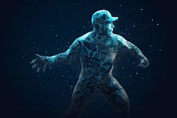 Abstract baseball player from particles, lines and triangles on blue background