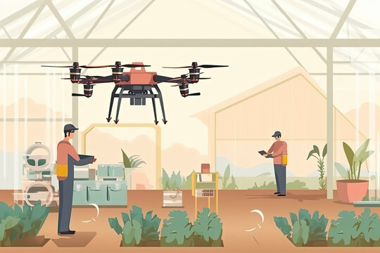 mix race farmers controlling agricultural drones sprayers quad copters flying to spray chemical fertilizers