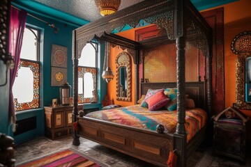 A vibrant Moroccan Bedroom with an ornate metal canopy bed, bright tassel accents, and a colorful mosaic tile backdrop, generative ai