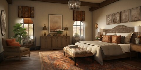 A cozy Mediterranean Bedroom filled with rustic furnishings, Tuscan inspired textiles, and warm, earthy hues that create a sense of comfort and relaxation, generative ai