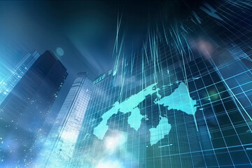 Double exposure of abstract creative financial chart hologram and world map on modern business