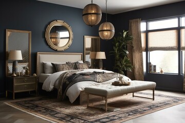 A luxurious Global bedroom with a Moroccan-inspired rug, gold-framed mirrors, and a statement chandelier, generative ai
