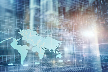 Double exposure of abstract creative financial chart hologram and world map on modern business