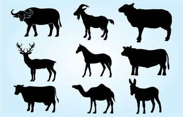 Silhouettes of cows, bull, sheep, buffalo, camel, horse, stag and goat. Mammal animal type. Editable vector, easy to change color or size Livestock. eps 10.