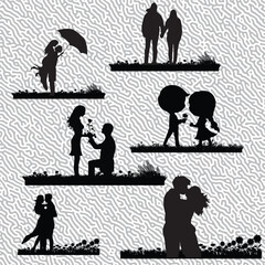  set of bride and groom silhouette illustration, happy couple celebrating marriage