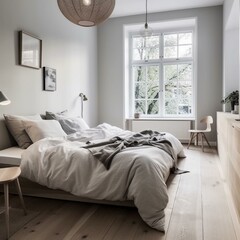 A minimalist Scandinavian Bedroom with light wood furniture and soft textiles, generative ai
