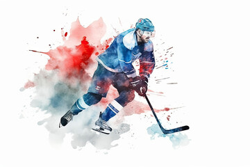 Fototapeta na wymiar Ice hockey player hits the puck on a white background. Watercolor style