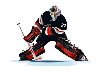 Illustration of a professional ice hockey player goalkeeper in action on white background