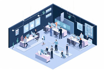 Isometric virtual office. Business people working together, technology companies workspace