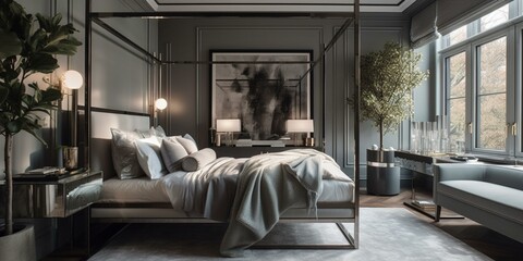A serene, stylish Art Moderne bedroom with a polished metal canopy bed as its centerpiece, enhanced by glossy finishes, shimmering metallic textures, and minimal decor, generative ai