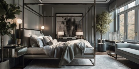 A serene, stylish Art Moderne bedroom with a polished metal canopy bed as its centerpiece, enhanced by glossy finishes, shimmering metallic textures, and minimal decor, generative ai