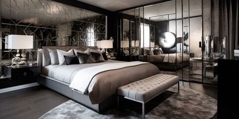 A contemporary Hollywood Regency bedroom with mirrored furniture, geometric metallic wallpaper, and a striking abstract art piece, generative ai