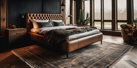 An Elegant Artisanal Bedroom, Featuring a Sleek Leather Bedframe, Hand-carved Wood Dresser, and Lush Wool Rug, generative ai