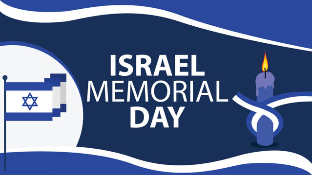 Memorial Day In Israel vector banner  with Israel flag colors, typography message and lit candle icon with a ribbon. Israel memorial Day simple modern poster background also known as Yom HaZikaron.