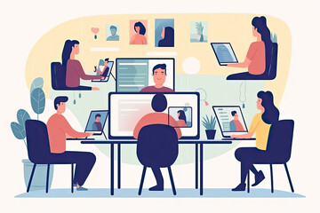 people connecting together, learning or meeting online with teleconference, video conference remote working