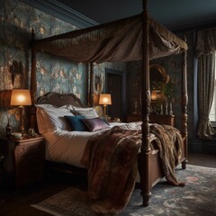 A richly textured Bedroom featuring heavily patterned wallpaper with a traditional four-poster bed, draped in luxurious fabrics and topped with ornate candelabras, generative ai