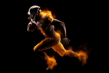 Fototapeta na wymiar Silhouette of American football player, player in action on fire. Isolated on black background