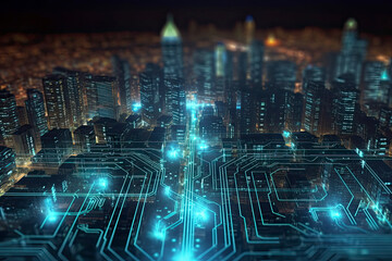 Fototapeta na wymiar Smart city on circuit board background. Futuristic cyberspace concept